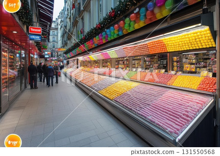 Candy aisle display with rainbow colors and Christmas theme, shop for sweet treats 131550568