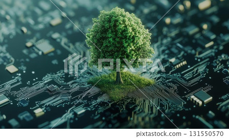 Green Technology, Tree Grows on a Circuit Board in Surreal Environment 131550570