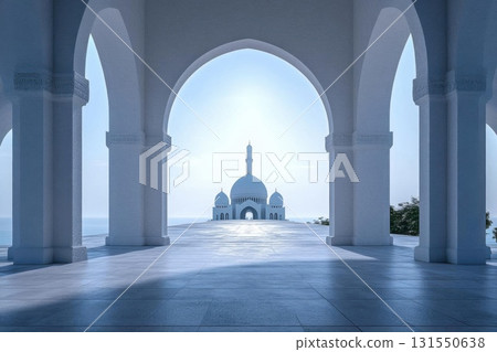 Discover Architectural Grandeur, Serene Mosque Vista with Timeless Design Elements. 131550638