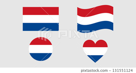 Netherlands Flag Vector Icon Set - Rectangular, Waving, Heart, and Round Variations. Netherlands Flag Vector Icon Set - Rectangular, Waving, Heart, and Round Variations. 131551124