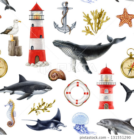 Marine theme seamless pattern design element on white background. Hand drawn lighthouse, whale, dolphin, shark, anchor watercolor illustration. Sea life mood elements vintage style seamless pattern Marine theme seamless pattern design element on white background. Hand drawn lighthouse, whale, dolphin, shark, anchor watercolor illustration. Sea life mood elements vintage style seamless pattern 131551290