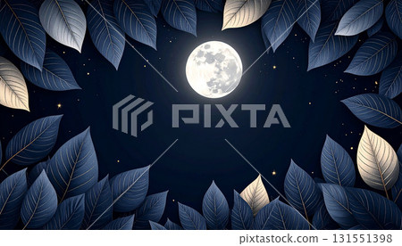 A fantastic night sky landscape illustration with a full moon shining through the gaps in the dark blue leaves 131551398