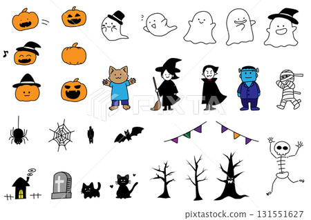 一系列簡單的手繪萬聖節物品插圖,包括南瓜、鬼魂和女巫。 一系列簡單的手繪萬聖節物品插圖,包括南瓜、鬼魂和女巫。 131551627