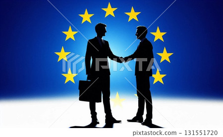 [EU Politics/Diplomacy] Business/politicians shaking hands with the national flag in the background (silhouette) 131551720