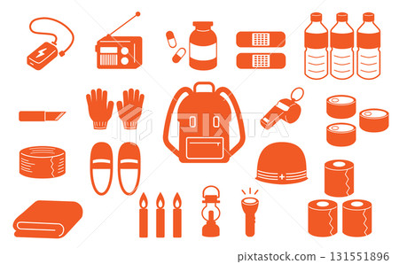 緊急物資圖示集（防災、疏散、輪廓、橘色） 131551896