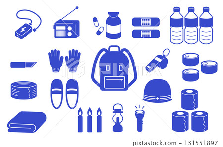 緊急物資圖示集（防災、疏散、輪廓、藍色） 131551897