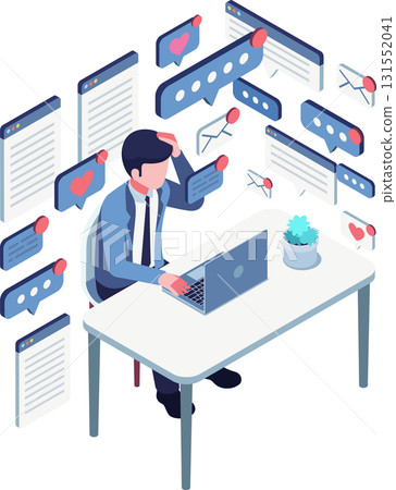 Isometric Burnout Worker Overwhelmed by Notifications and Digital Overload Isometric Burnout Worker Overwhelmed by Notifications and Digital Overload 131552041