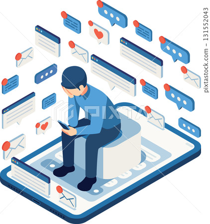 Isometric Stressed Businessman Overwhelmed by Online Notifications 131552043