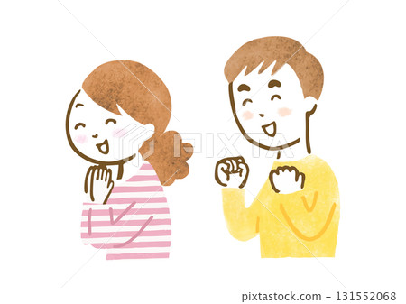 Upper body hand-drawn illustration of a man and woman cheering and rejoicing at something (sitting position) 131552068