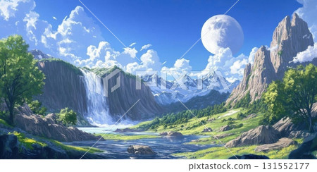 Waterfall Valley with Mountain Moon. 131552177