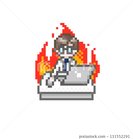 一名身穿白大褂的男子以像素風格在電腦上工作 131552291