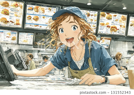 Smiling female staff in uniform at a fast food restaurant 131552343