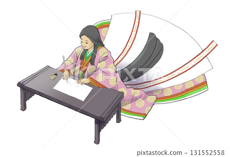 A woman wearing a twelve-layered kimono writing at a writing desk 131552558