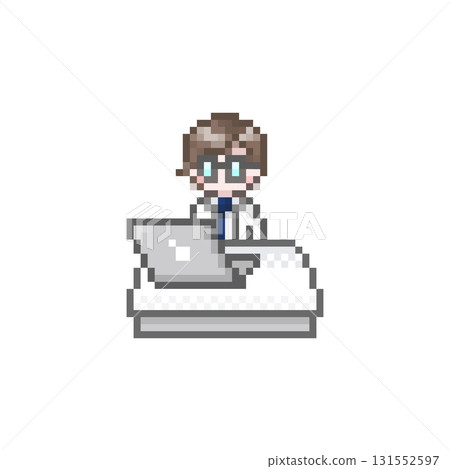 A pixelated computer and a man wearing a white coat 131552597