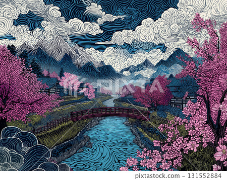 白雪皚皚的北阿爾卑斯山和盛開的櫻花的插圖 131552884