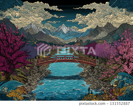 Illustration of the snow-capped Northern Alps and cherry blossoms in full bloom 131552887