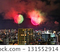 Aerial view of the Kinko Bay Summer Night Fireworks Festival from above the Kotsuki River 131552914