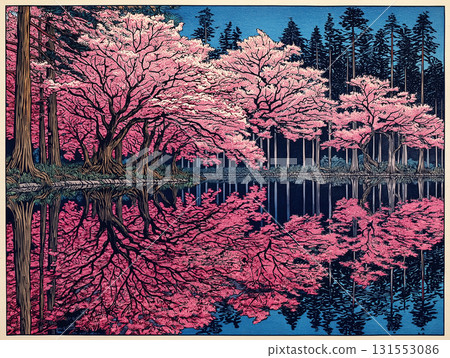 Cherry blossoms reflected on the lake surface Lake Nakatsuna Illustration 131553086