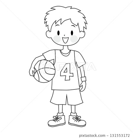 Illustration of a boy holding a basketball (line drawing) 131553172