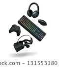 Gaming keyboard, mouse, controller and headphones floating in air, isolated on white background with clipping path. 131553180