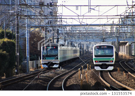 Scenery of the Joban Line (between Shin-Matsudo Station and Mabashi Station) E233 series Joban Line local train and E231 series Joban Line rapid train Scenery of the Joban Line (between Shin-Matsudo Station and Mabashi Station) E233 series Joban Line local train and E231 series Joban Line rapid train 131553574