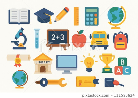 教育與學習相關圖示集 24 種類型（書籍、畢業帽、鉛筆、黑板等） 131553624