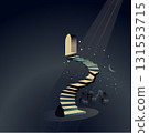 Night city background. A flat vector illustration with an impressive long spiral staircase illuminated by windows and lights. Recommended novel cover. Night city background. A flat vector illustration with an impressive long spiral staircase illuminated by windows and lights. Recommended novel cover. 131553715