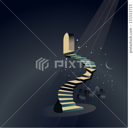 Night city background. A flat vector illustration with an impressive long spiral staircase illuminated by windows and lights. Recommended novel cover. 131553715