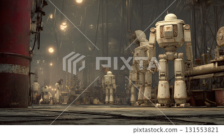 Robot, factory, industrial, inactive, dusty Robots stand inactive dusty industrial factory 131553821