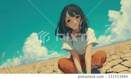 Illustration of a girl standing on dry land 131553994