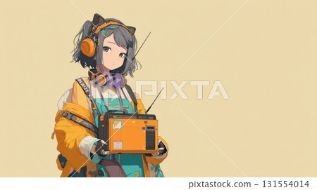 Illustration of a girl with headphones holding an orange radio 131554014