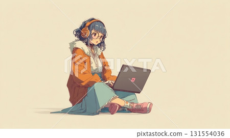 Illustration of a girl with headphones using a laptop 131554036