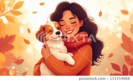 Autumn hug of dog and woman 131554068
