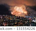 Aerial view of the Kinko Bay Summer Night Fireworks Festival lighting up the night sky in Kagoshima 131554226