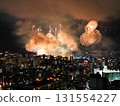 Aerial view of the Kinko Bay Summer Night Fireworks Festival lighting up the night sky in Kagoshima 131554227