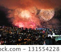 Aerial view of the Kinko Bay Summer Night Fireworks Festival lighting up the night sky in Kagoshima 131554228