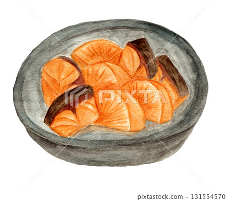 手繪水彩插圖的黃尾魚和蘿蔔 131554570