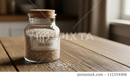 Glass Jar of Sea Salt with Wooden Lid Glass Jar of Sea Salt with Wooden Lid 131554906