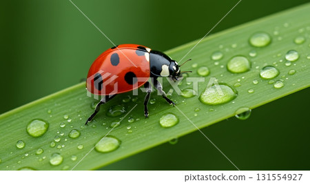 Stunning macro detail of a vibrant ladybug with water droplets on a lush green leaf, capturing perfect nature's beauty and fragility 131554927