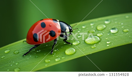 Vibrant red ladybug navigates glistening dew drops on a lush green leaf, showcasing nature's delicate beauty and fresh morning dew. Vibrant red ladybug navigates glistening dew drops on a lush green leaf, showcasing nature's delicate beauty and fresh morning dew. 131554928