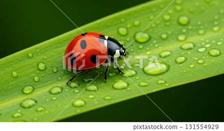 Vibrant red ladybug with black spots journeys across a dew-kissed green leaf, showcasing nature's delicate beauty and intricate details in a stunning macro view. Vibrant red ladybug with black spots journeys across a dew-kissed green leaf, showcasing nature's delicate beauty and intricate details in a stunning macro view. 131554929