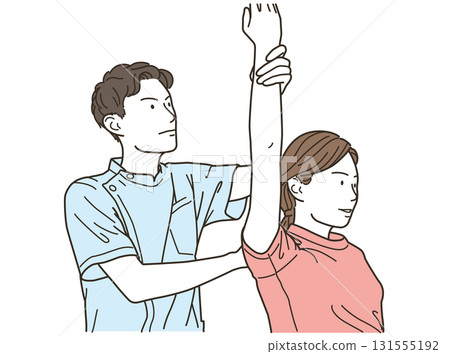 A male chiropractor treating a female patient's arms and shoulders 131555192