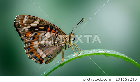 Stunning macro view of a vibrant butterfly with intricate wing patterns resting on a dew-kissed green leaf. 131555289