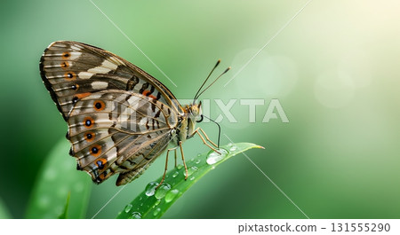 Stunning macro view of a delicate butterfly with intricate wing patterns resting on a dew-kissed green leaf, evoking nature's beauty and tranquility. 131555290