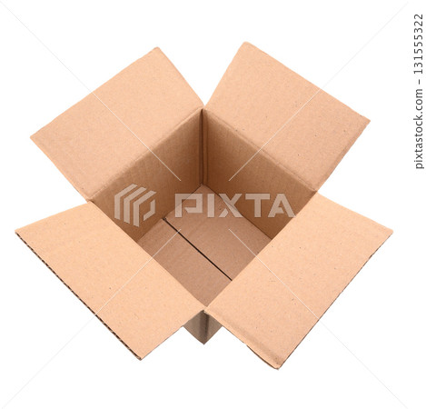 Open corrugated cardboard box for mailing or packaging goods on a white background, top view Open corrugated cardboard box for mailing or packaging goods on a white background, top view 131555322
