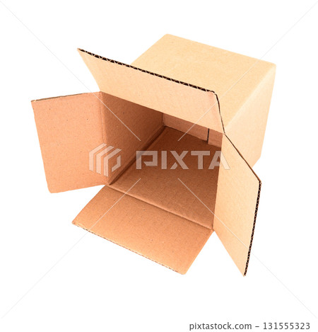 Open corrugated cardboard box for mailing or product packaging on white background, side view Open corrugated cardboard box for mailing or product packaging on white background, side view 131555323