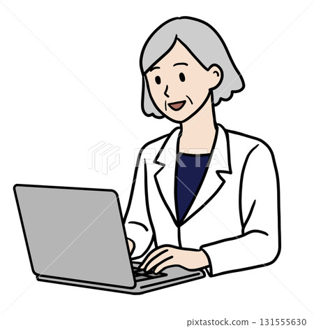 Senior woman in a white coat working on a PC (smile) 131555630