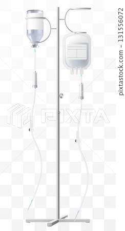 IV Stand with Drug Vial and Saline solution bag- Medical Infusion Pole with Hooks. Dropper Stand with Glass Medical Bottle. Laboratory equipment for blood transfusion. Realistic 3d Vector Illustration 131556072