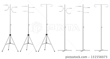 Set of Hospital IV Stands, Medical Infusion Pole with Hooks isolated on transparent background. IV Blood Bag Dropper Stand. Laboratory equipment for blood transfusion. Realistic 3d Vector Illustration 131556073