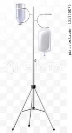 IV Stand with Drug Vial and Saline solution bag- Medical Infusion Pole with Hooks. Dropper Stand with Glass Medical Bottle. Laboratory equipment for blood transfusion. Realistic 3d Vector Illustration 131556076